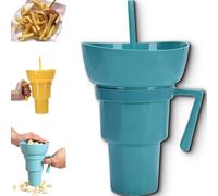 Drink Cup with Snack Bowl, Cup Bowl Combo with Straw Leak Proof, Portable Mug Proof 2-in-1 Cups & Bowls Set with Straw, for Home, Cinema, Travel, Stadium (Blue)
