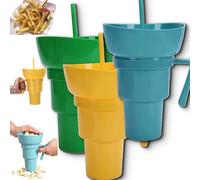 Drink Cup with Snack Bowl, Cup Bowl Combo with Straw Leak Proof, Portable Mug Proof 2-in-1 Cups & Bowls Set with Straw, for Home, Cinema, Travel, Stadium (Green+Blue+Yellow)