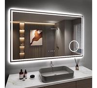 Dripex Espejo de Baño con Luz LED 100 x 60 cm, Antivaho Separado, Dimmable, 3 Colores de Luz, Interruptor Táctil, con Reloj, 3X Magnificación Area y Enchufe Bipolar