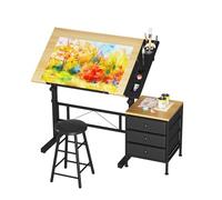 Dripex Mesa de Dibujo Profesional con Tablero Inclinable Altura Ajustable, Artista de Pintura Arquitecto Estudio Dibujo Escritorio para Computadora con Taburete y Taquillas, Color Madera