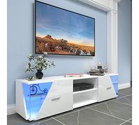 Dripex Mueble bajo para TV, color blanco brillante, con iluminación LED, 150 x 37 x 35 cm