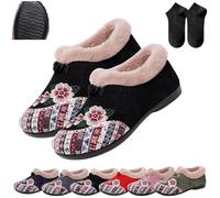 Dritnow Boots,Women’s Warm Cozy Floral Embroidered Winter Cotton Shoes,Non-Slip Soft-Soled Fur Lined Slip-on Loafer (Black, Adult, Adulto, Mujer, 37, Números, Sistema tallas calzado EU, mediano)