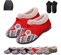 Dritnow Boots,Women’s Warm Cozy Floral Embroidered Winter Cotton Shoes,Non-Slip Soft-Soled Fur Lined Slip-on Loafer (Red, Adult, Adulto, Mujer, 43, Números, Sistema tallas calzado EU, mediano)