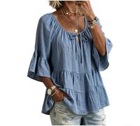 Drivstraw Blusa casual de mezcla de algodón para mujer, cuello redondo, manga tres cuartos, blusa de verano para uso diario, cómoda, estilo retro literario, color sólido (XXL azul)