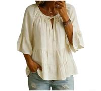 Drivstraw Blusa casual de mezcla de algodón para mujer, cuello redondo, manga tres cuartos, blusa de verano para uso diario, cómoda, estilo literario retro, color sólido (S amarillo claro)