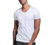 Drivstraw Camiseta de manga corta con cuello en V para hombre, color sólido, ajuste apretado, capa base, para verano, casual, uso diario, tallas grandes, disponibles en negro, blanco, azul, gris (XXL