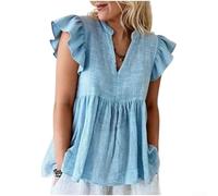 Drivstraw Camiseta de manga corta con cuello en V para mujer, blusa casual de mezcla de algodón con pliegues, camisa de verano de color sólido para uso diario, estilo retro literario (XXXL azul claro)