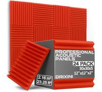 DRIXINI Paneles acústicos 30 x 30 x 5 cm - Espuma acústica profesional para estudio, podcast, hogar y oficina - Juego de 6-48 piezas con cinta - amortiguación de reverberación y decoración 3D (rojo