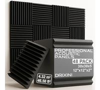 DRIXINI Paneles acústicos 30 x 30 x 5 cm - Espuma acústica profesional para estudio, podcast, hogar y oficina - Juego de 6-48 piezas con cinta - amortiguación de reverberación y decoración 3D (negro