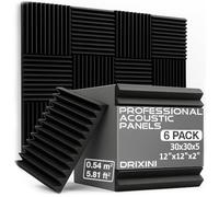 DRIXINI Paneles acústicos 30 x 30 x 5 cm - Espuma acústica profesional para estudio, podcast, hogar y oficina - Juego de 6-48 piezas con cinta - amortiguación de reverberación y decoración 3D (negro