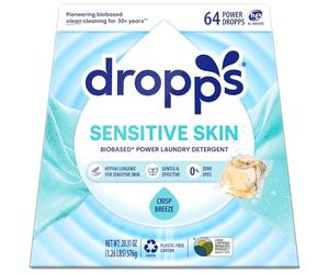 Dropps Detergente para ropa de piel sensible, aire fresco, 64 cápsulas, sin tinte, embalaje de bajo desperdicio, funciona en todas las máquinas + compatible con alta eficiencia (HE), alimentado por ingredientes naturales a base de plantas