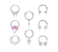 Drperfect 8 aros de nariz para mujer, de acero quirúrgico 316L, con bisagras, circonita cúbica, plata, aro de nariz, aro de nariz de 16G, ceja, labio, cartílago, tragus, rook, hélice, caracola, daith