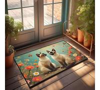 DRPZ Tapete liso para exteriores, dos gatos siameses sentados entre flores coloridas, felpudo de cocina y tapetes para puerta de exterior (40 x 60 cm)
