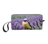DRTGEDS Bolsa de maquillaje pequeña con diseño de pájaro en lavanda y flores florales para mujer, bolsa de maquillaje pequeña para bolso, bolsa de maquillaje de viaje con cremallera, Pájaro en flores