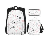 DRTGEDS Bonita mochila de lunares 3 en 1, mochila casual con fiambrera, bolsa para lápices, resistente al agua, Diseño moderno de lunares rosados, grises y blancos, talla única
