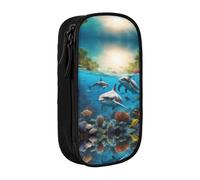 DRTGEDS Estuche con diseño de delfines, tortugas marinas, tiburones, pulpo, coral, estuche para lápices multiranura, bolsa portátil para lápices, estuche de colores para oficina