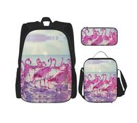 DRTGEDS Flock Of Pink Flamingos On The Beach Mochila con fiambrera, juego 3 en 1 con estuche para lápices, mochila de gran capacidad con correa para el pecho