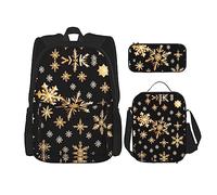 DRTGEDS Golden Christmas Snowflakes - Mochila 3 en 1 con lonchera y bolsa para lápices, resistente al agua, Copos de nieve dorados de Navidad, Talla única, Mochilas Daypack