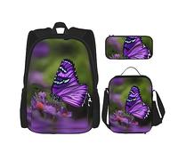 DRTGEDS Juego de 3 mochilas, bonitas mochilas con estampado de mariposas moradas con bolsa para el almuerzo y lapicera