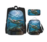 DRTGEDS Juego de 3 mochilas estampadas de tortugas marinas con bolsa de almuerzo y estuche para lápices