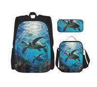 DRTGEDS Juego de 3 mochilas estampadas de tortugas marinas con bolsa de almuerzo y estuche para lápices