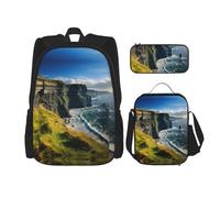 DRTGEDS Juego de 3 mochilas, Irlanda al aire libre, condado de Clare The Cliffs, juego de mochilas impresas con bolsa de almuerzo y bolsa para lápices