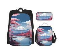 DRTGEDS Juego de 3 mochilas japonesas con estampado de paisaje Fuji con bolsa de almuerzo y bolsa para lápices