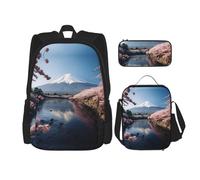 DRTGEDS Juego de 3 mochilas japonesas con estampado de paisaje Fuji con bolsa de almuerzo y bolsa para lápices