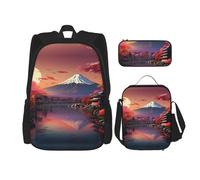 DRTGEDS Juego de 3 mochilas japonesas con estampado de paisaje Fuji con bolsa de almuerzo y bolsa para lápices