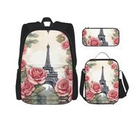 DRTGEDS Juego de mochila 3 en 1 de la Torre Eiffel, mochila de gran capacidad con lonchera y estuche para lápices, Eiffel Tower Rose Flower, talla única
