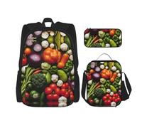 DRTGEDS Juego de mochila 3 en 1, mochila de gran capacidad con lonchera y estuche para lápices, Introducción de varias verduras2, talla única