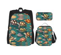 DRTGEDS Mochila abstracta con diseño de cebra con fiambrera, juego 3 en 1 con estuche para lápices, mochila de gran capacidad con correa para el pecho, Muchos animales tortugas marinas, Talla única,