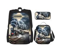 DRTGEDS Mochila con diseño de girasoles y flores con fiambrera, juego 3 en 1 con estuche para lápices, mochila de gran capacidad con correa para el pecho, Nubes de tren de vapor, Talla única, Mochilas