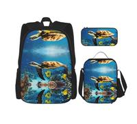 DRTGEDS Mochila con estampado de perros con fiambrera, juego 3 en 1 con estuche para lápices, mochila de gran capacidad con correa para el pecho, Tortugas marinas, Talla única, Mochilas daypack