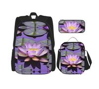 DRTGEDS Mochila con estampado mágico con fiambrera, juego 3 en 1 con estuche para lápices, mochila de gran capacidad con correa para el pecho, Flor de loto morada, Talla única, Mochilas de día