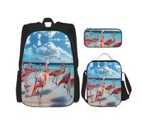 DRTGEDS Mochila de frutas tropicales con fiambrera, juego 3 en 1 con estuche para lápices, mochila de gran capacidad con correa para el pecho, Bandada de flamencos rosados en la playa, Talla única,