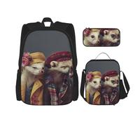 DRTGEDS Mochila de hurones modelo de moda francesa con fiambrera, juego 3 en 1 con estuche para lápices, mochila de gran capacidad con correa para el pecho