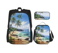 DRTGEDS Mochila de Navidad con diseño de árbol de ciervo con fiambrera, juego 3 en 1 con estuche para lápices, mochila de gran capacidad con correa para el pecho, Hawaiian Beach With Palm Trees2,