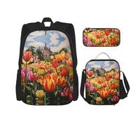DRTGEDS Mochila de Papá Noel con fiambrera, juego 3 en 1 con estuche para lápices, mochila de gran capacidad con correa para el pecho, Tulip Garden, Talla única, Mochilas daypack