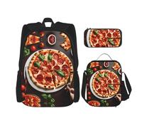 DRTGEDS Mochila de perro caniche rosa con fiambrera, juego 3 en 1 con estuche para lápices, mochila de gran capacidad con correa para el pecho, Comida para pizza, Talla única, Mochilas de día