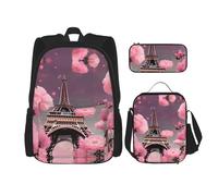 DRTGEDS Mochila de perro caniche rosa con fiambrera, juego 3 en 1 con estuche para lápices, mochila de gran capacidad con correa para el pecho, Paris Street Torre Eiffel Rosa Floral, Talla única,