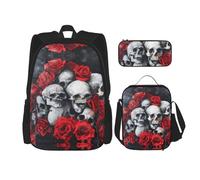 DRTGEDS Mochila náutica de mapa de brújula con fiambrera, juego 3 en 1 con estuche para lápices, mochila de gran capacidad con correa para el pecho, Calavera y rosa roja2, Talla única, Mochilas de día