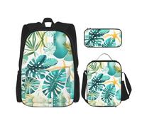 DRTGEDS Mochila tropical de verano hawaiana con hojas de palma con fiambrera, juego 3 en 1 con estuche para lápices, mochila de gran capacidad con correa para el pecho, Tema de plantas de playa