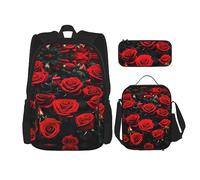 DRTGEDS Monarch Butterflies - Mochila con fiambrera, juego 3 en 1 con estuche para lápices, mochila de gran capacidad con correa para el pecho, Muchas rosas rojas, Talla única, Mochilas de día