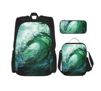 DRTGEDS Ocean Green Wave - Mochila de surf con fiambrera, juego 3 en 1 con estuche para lápices, mochila de gran capacidad con correa para el pecho, Ocean Green Wave Surf, Talla única, Mochilas