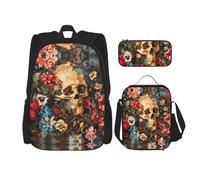 DRTGEDS Ocean Green Wave - Mochila de surf con fiambrera, juego 3 en 1 con estuche para lápices, mochila de gran capacidad con correa para el pecho, Calavera floral., Talla única, Mochilas daypack