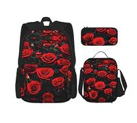 DRTGEDS Ocean Green Wave - Mochila de surf con fiambrera, juego 3 en 1 con estuche para lápices, mochila de gran capacidad con correa para el pecho, Muchas rosas rojas, Talla única, Mochilas de día