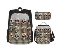 DRTGEDS Sugar Skulls - Mochila con fiambrera, juego 3 en 1 con estuche para lápices, mochila de gran capacidad con correa para el pecho, Calaveras de azúcar, Talla única, Mochilas de día