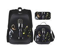 DRTGEDS Supernatural Symbols - Mochila con estampado negro con fiambrera, juego 3 en 1 con estuche para lápices, mochila de gran capacidad con correa para el pecho, Micrófono con notas musicales,