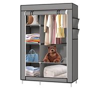 Drumm Armario para ropa, armario con barra de suspensión, armario de almacenamiento portátil, armario con funda de tela, marco de metal, para vestidor, dormitorio